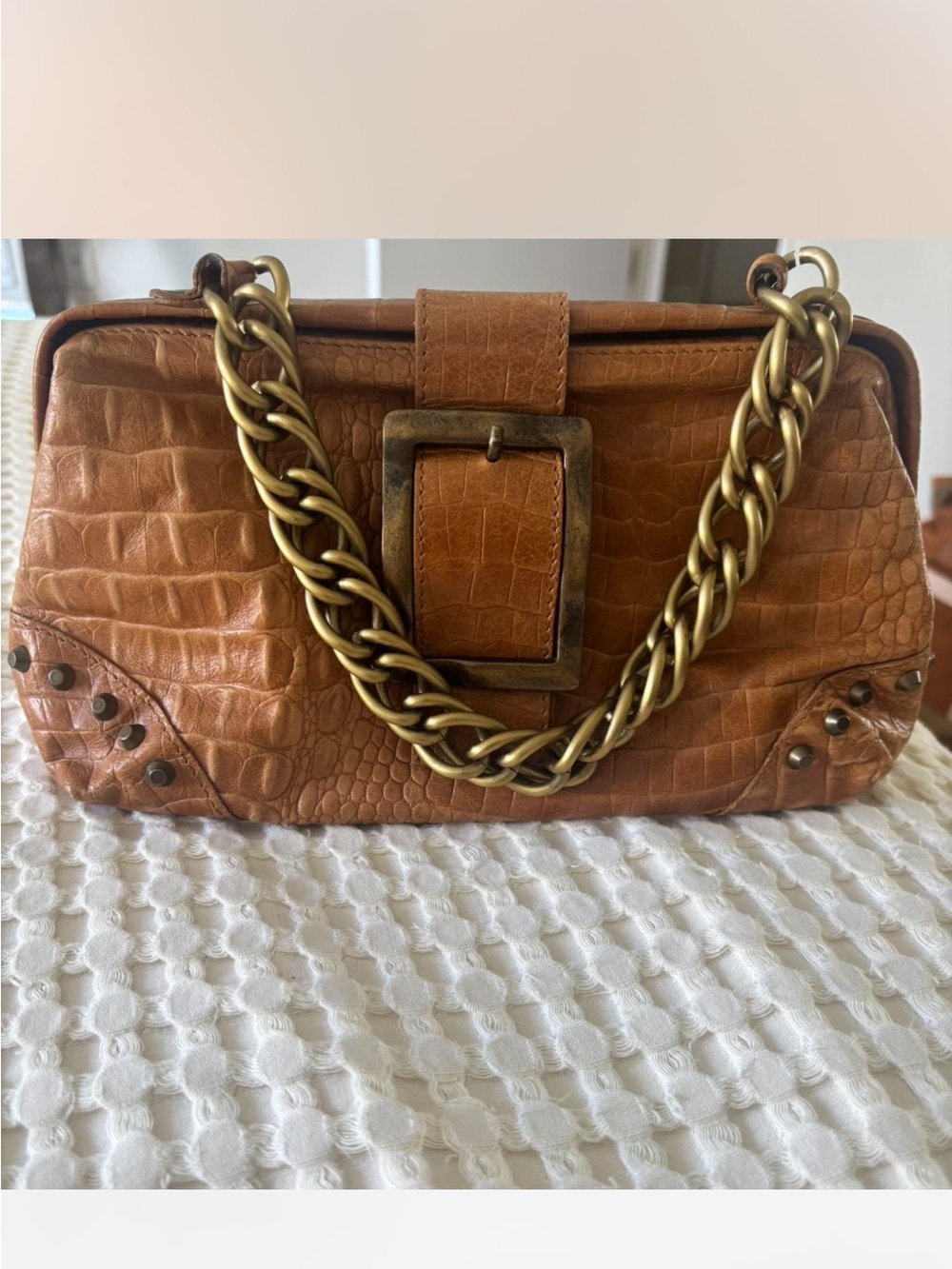 Made in Italy Vintage Leather Bag with Brass Chain Strap